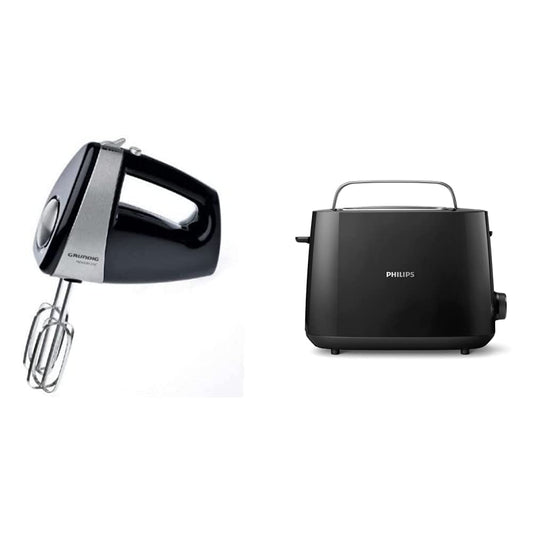 Grundig HM 5040 Premium rokas mikseris (300 vati), melns-sudrabs un Philips tosteris – 2 tosta atveres, 8 līmeņi, maizes uzgaļa piederums, atkausēšanas funkcija, pacelšanas funkcija, automātiskā izslēgšanās, melns (HD2581/90)