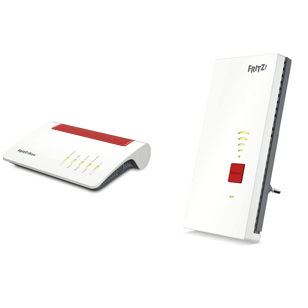 AVM Fritz!Box 7590 AX Exclusive Edition ar WLAN Mesh, DECT bāzi + AVM FRITZ!WLAN Mesh Repeater 2400 optimālai tīkla pārklājuma nodrošināšanai