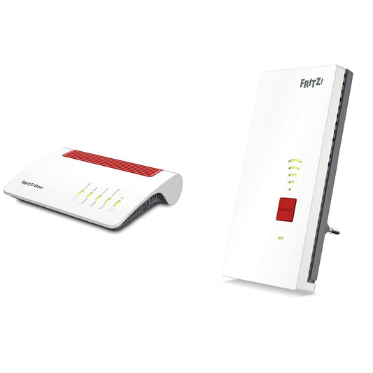 AVM Fritz!Box 7590 AX Exclusive Edition ar WLAN Mesh, DECT bāzi + AVM FRITZ!WLAN Mesh Repeater 2400 optimālai tīkla pārklājuma nodrošināšanai