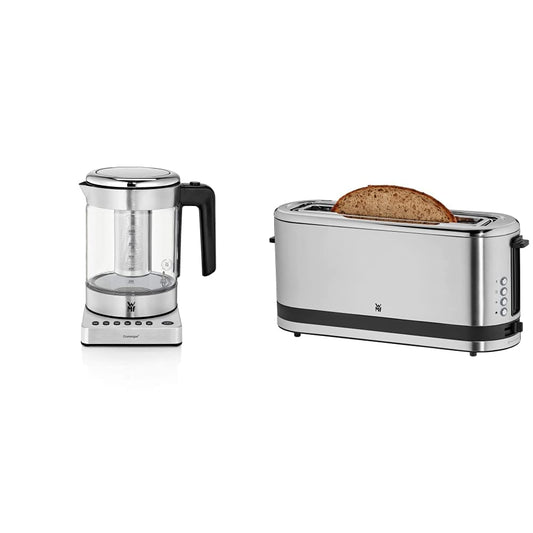 WMF Küchenminis 2 in 1 Vario tējkanna, 1,0l, 1900 W un Küchenminis tosteris ar garo slotu un maizes uzliku, 900 W, XXL grauzdiņi, 7 brūnināšanas līmeņi, bagelu funkcija, tosteris nerūsējošā tērauda matēts.