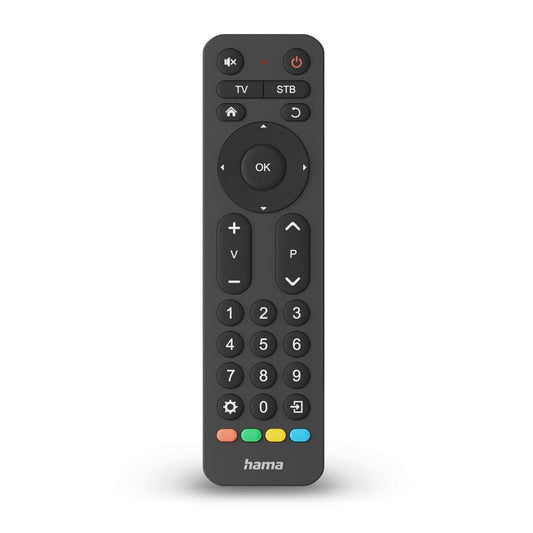 Hama universālā tālvadības pults TV, diviem ierīcēm, lielas pogas (infrasarkanais, mācīšanās spēja, izgaismotas pogas, iepriekš ieprogrammēta, ideāli piemērota, piemēram, TV, videomagnetofonam, uztvērējam, 10m darbības attālums) melna