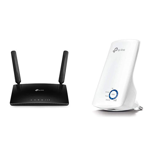 TP-Link TL-MR6400 WLAN Cat4 + N300 Mbps 4G LTE maršrutētājs (150 Mbit/s lejupielādē, 300 Mbit/s 2,4GHz), melns & TL-WA850RE WLAN repetitors (300 Mbit/s, WLAN pastiprinātājs, lietotnes vadība) balts