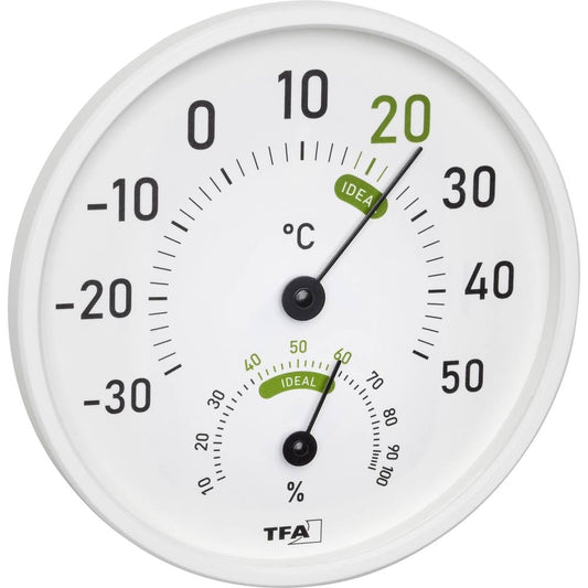 Analogais termohigrometrs TFA Dostmann 45.2045.02 iekštelpām un ārā, ar krāsainām komforta zonām, temperatūras un mitruma kontrolei, balts