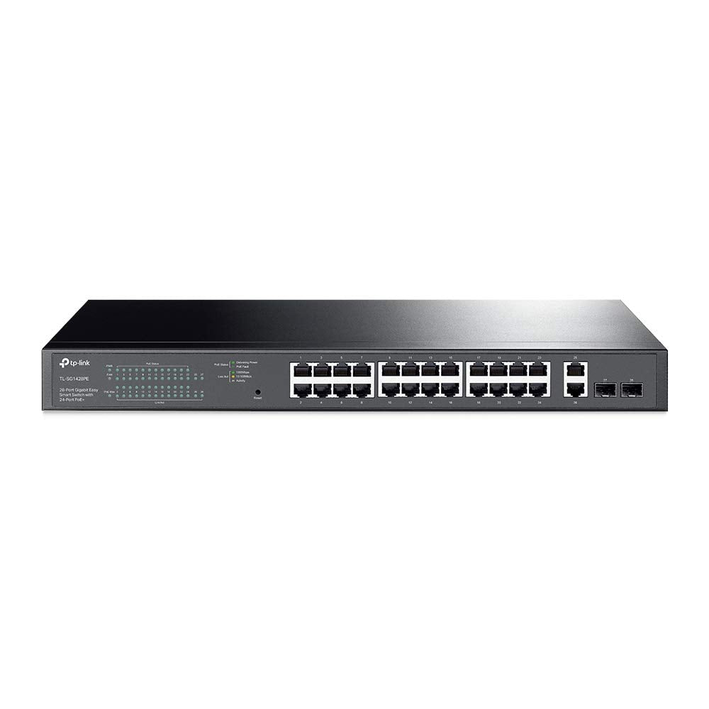 TP-Link TL-SG1428PE 28 portu Gigabit Easy Smart slēdzis ar 24 PoE+ portiem, 2 SFP sloti, 250 W, ekrānēti RJ-45 porti, vienkārša konfigurācija, melns