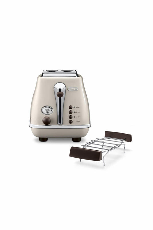 De'Longhi Icona Vintage CTOV 2103.BG – 2-slota tosteris ar maizes uzkarsēšanas piederumu, tosteris ar 6 brūnināšanas līmeņiem, atkausēšanas un uzsildīšanas funkcija, no nerūsējošā tērauda eleganta retro izskatā, bēšs