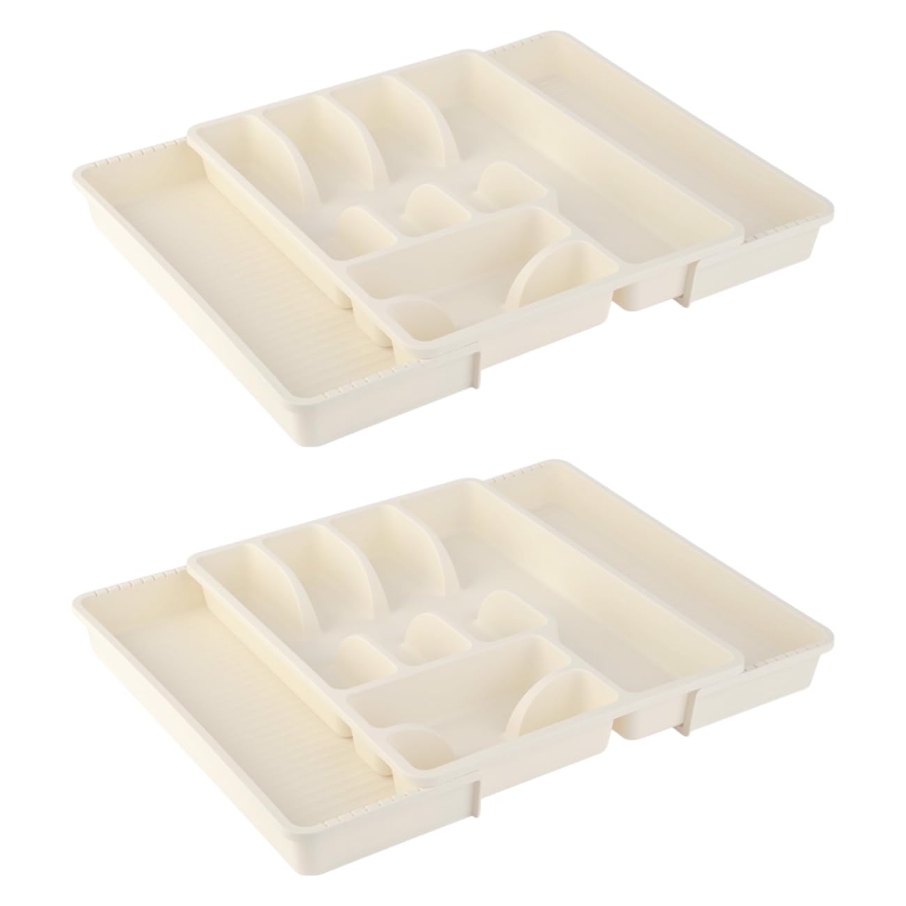 Regulējams galda piederumu organizators Engelland, 2 gab., bēšs, 8 nodalījumi, plastmasa, bez BPA, galda piederumu ieliktnis virtuves atvilktnēm, 29-51 x 38 x 5 cm