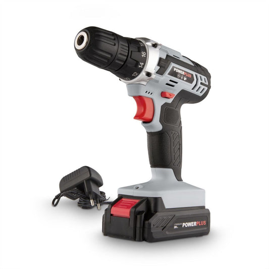 POWER plus akumulatora skrūvgriezis un urbjmašīna POWC1071 - 20V, 1x1.3Ah akumulators, lādētājs, koka, akmens, metāla darbi.