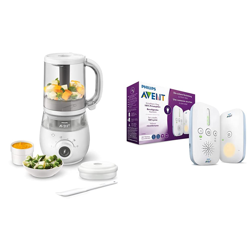 Philips Avent 4-in-1 bērnu pārtikas gatavotājs SCF883/01, tvaicētājs, tvaicēšana, blendēšana, 1000ml ietilpība, balts & Audio bērnu monitors SCD503/26 - DECT tehnoloģija, kristāldzidra skaņa, balts
