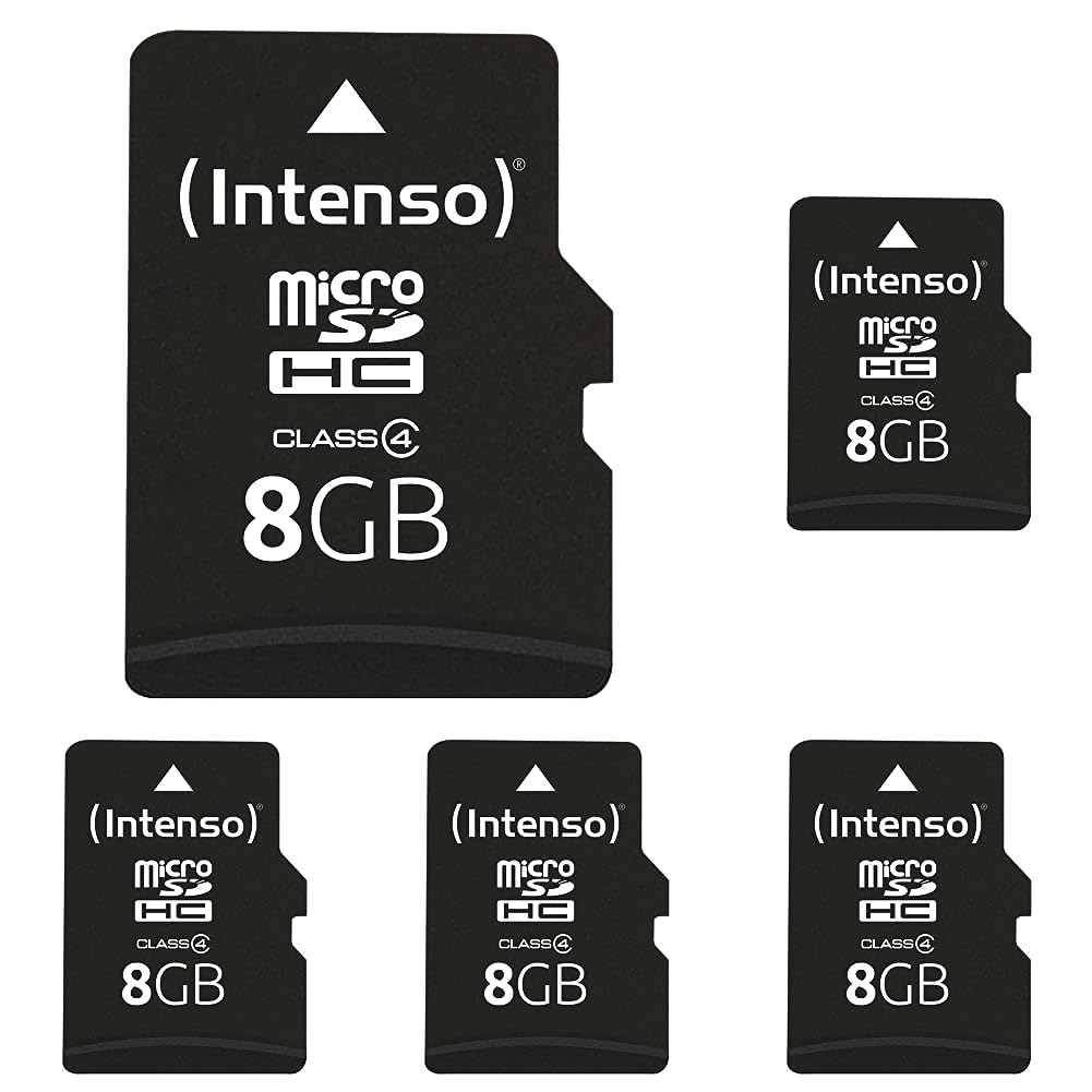 Intenso microSDHC 8GB Class 4 atmiņas karte ar SD adapteri, melna (iepakojumā ar 5)