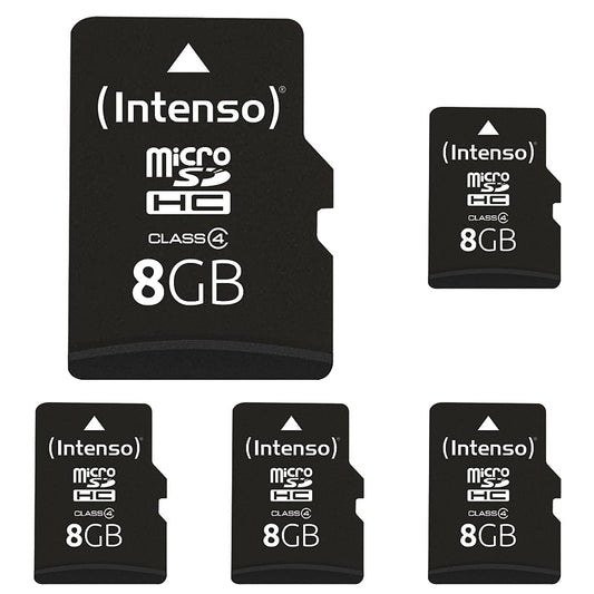 Intenso microSDHC 8GB Class 4 atmiņas karte ar SD adapteri, melna (iepakojumā ar 5)