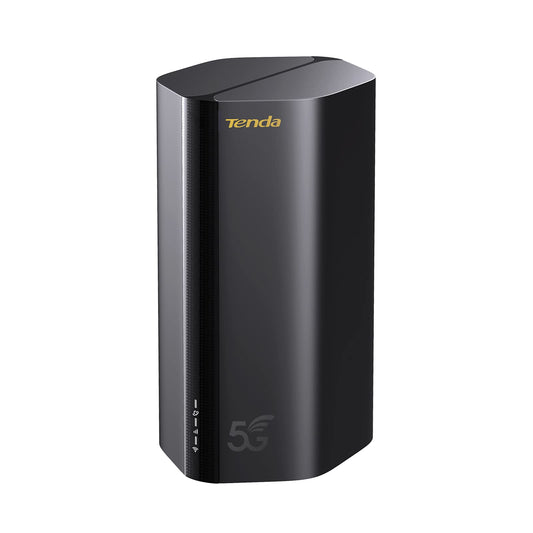 Tenda 5G03 5G NR LTE WLAN maršrutētājs Nano-SIM kartei (AX1800 CAT19 2,4GHz: 574Mbit/s + 5GHz: 1201Mbit/s, 4,67Gbps lejupielādē) 2-Gigabit ports, Plug & Play, Wi-Fi 6 tehnoloģija, MU-MIMO, WPA3, melns
