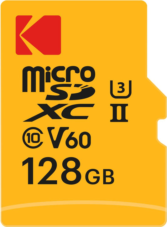 19. Kodak MicroSD karte, 128 GB, UHS-II U3 V60, augsts ātrums, 300 MB/s lasīšana, 160 MB/s rakstīšana, 4K/8K video, ideāli piemērota fotogrāfijai un videogrāfijai, iekļauts SD adapteris