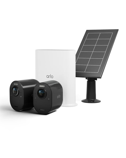 Arlo Ultra2 uzraudzības kamera ārā un BEZMAKSAS saules paneļi, 2 gab. komplekts - melns, testa periods Arlo Secure plānam