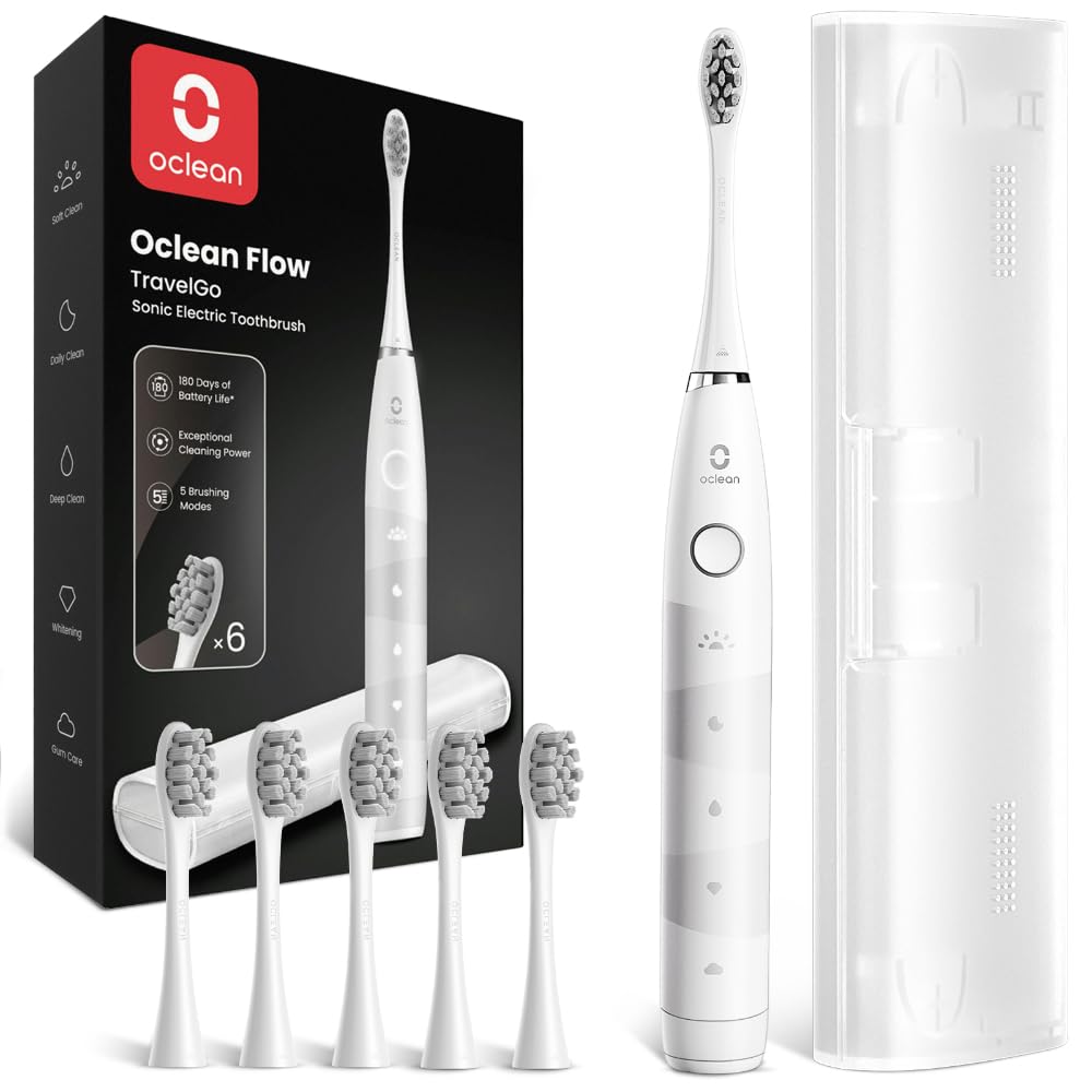 Elektriskā zobu birste Oclean Flow Gift Set, 180 dienu akumulatora darbība, soniskā zobu birste ar ceļojumu futlāri un 6 uzgaļiem, 5 režīmi, IPX7 ūdensizturīga, balta