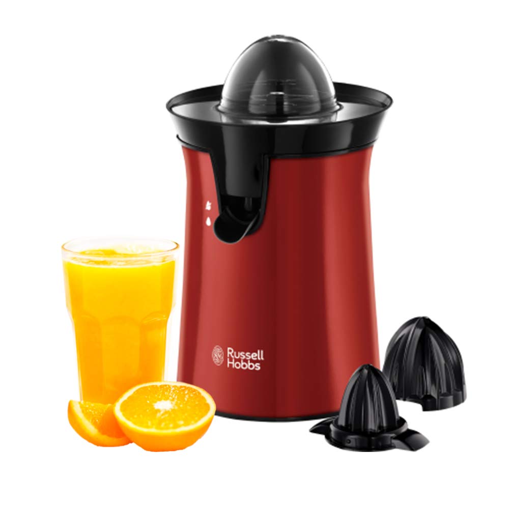 Russell Hobbs apelsīnu spiede un citrusaugļu spiede elektriskā [kreisā un labā rotācija, 2 spiedes konusi citroniem/apelsīniem] Sarkans (pilienu apturēšanas funkcija, mazgājama trauku mazgājamajā mašīnā, bez BPA) sulas spiede 26010-56