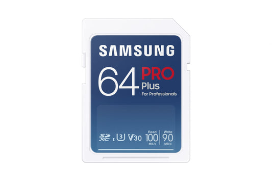 Samsung PRO Plus SD atmiņas karte - 64 GB, UHS-I U3, 100 MB/s lasīšana, 90 MB/s rakstīšana, ideāla spoguļkamerām.