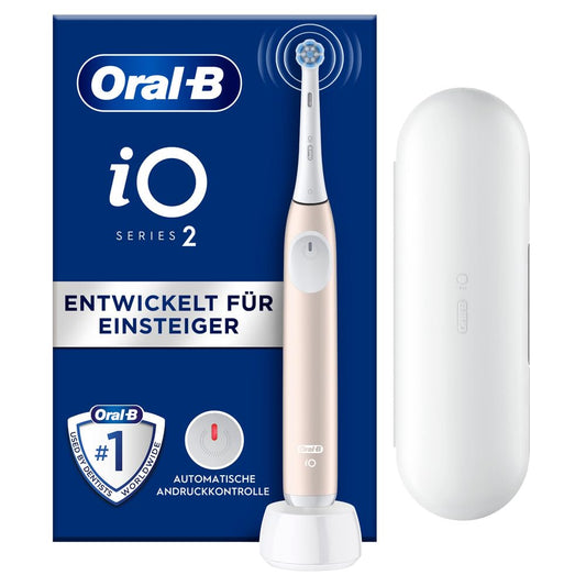 Oral-B iO Series 2 Elektriskā zobu birste, 1 uzgali, 3 tīrīšanas režīmi zobu kopšanai, magnēta tehnoloģija, ceļojumu futrālis, izstrādājusi Braun, mierīgi rozā