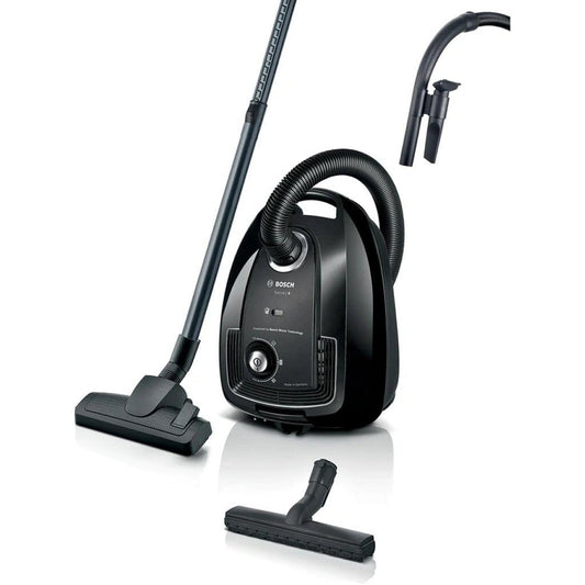 Bosch GL38 BGL38BA2H - melns slotu putekļsūcējs ar jaudīgu motoru un kompakto dizainu.
