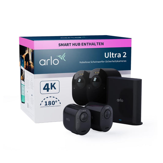Arlo Ultra 2 uzraudzības kamera āra WLAN, bezvadu, 2 gabalu komplekts, 4K UHD kvalitātes produkts, 180° redzes lauks, prožektors, krāsu nakts redzamība, kustību sensors, trauksmes sirēna + ar Arlo Secure izmēģinājuma periodu
