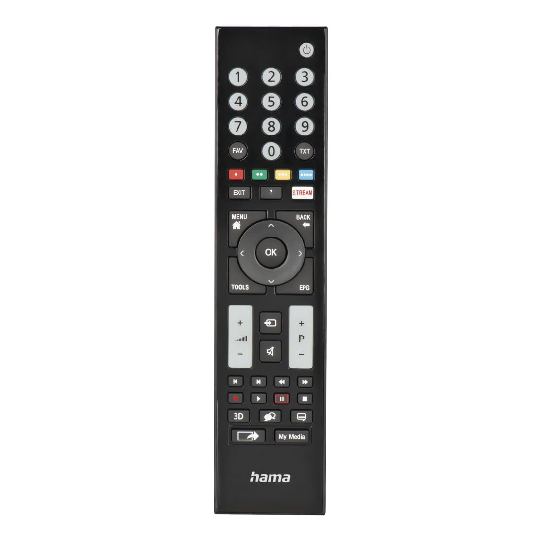Hama universālā tālvadības pults Grundig televizoriem (infrasarkanais, mācīšanās spēja, izgaismotās taustiņi, viedā taustiņš, vieglais režīms, ergonomiskie galvenie taustiņi, 10m darbības attālums) melna