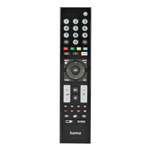 Hama universālā tālvadības pults Grundig televizoriem (infrasarkanais, mācīšanās spēja, izgaismotās taustiņi, viedā taustiņš, vieglais režīms, ergonomiskie galvenie taustiņi, 10m darbības attālums) melna