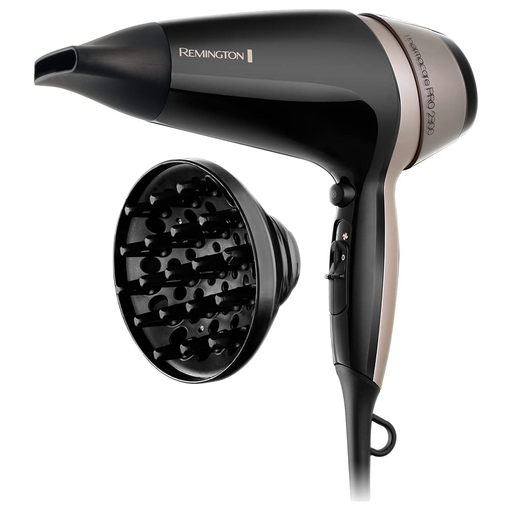 Remingon matu žāvētājs [ātra & efektīva žāvēšana] Thermacare PRO 2300 (2100W, jonu ģenerators, keramikas jonu gredzens, 3 sildīšanas & 2 atsevišķas ventilatora pakāpes, atdzesēšanas pakāpe, 2 stila uzgaļi + difuzors) D5715
