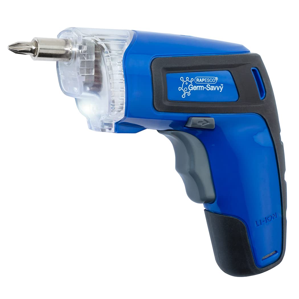 Rapesco 1640 Germ-Savvy - Antibacterial, 3.6V cordless screwdriver, blue, ergonomic design, rechargeable battery.