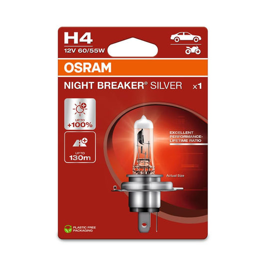 OSRAM NIGHT BREAKER SILVER H4, +100% vairāk gaismas, halogēna priekšējās gaismas spuldze, 64193NBS-1BL, 12V automašīnām, vienreizējā iepakojumā (1 spuldze)