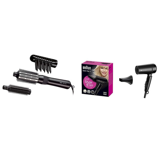 Braun Satin Hair 3 Siltā gaisa lokšķēres un Satin Hair 3 Style&Go matu fēns, fēns ar IonTec un stila uzgali, salokāms, HD350, melns, 1600W, 100-240V