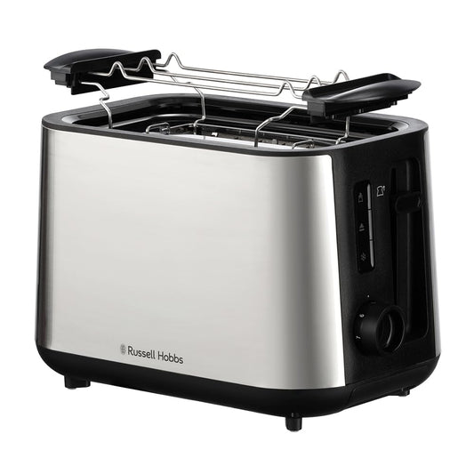 Russell Hobbs tosteris [2 šķēlēm] Heaton (papildu platās tosta atveres, 6 brūnināšanas līmeņi, pacelšanas funkcija, atkausēšanas, sildīšanas un apstāšanās funkcija, drupatu atvilktne, maizes uzlikums, nerūsējošais tērauds) 27390-56