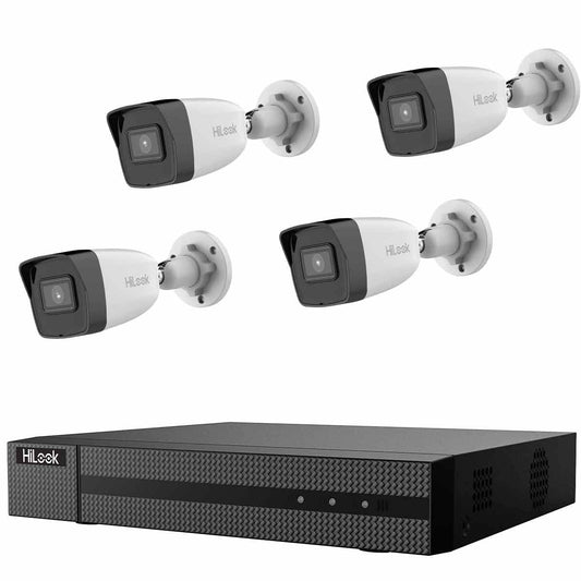 HiLook 4-kanālu tīkla videoreģistrators ar PoE, HDMI un VGA izeju un 4x 8 MP PoE uzraudzības kamerām - pilns komplekts video uzraudzībai - piemērots iekštelpām un ārpusei - saderīgs ar PC un viedtālruņiem