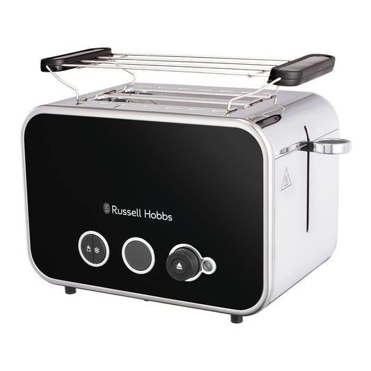 Russell Hobbs tosteris [2 šķēlēm] Distinctions nerūsējošā tērauda melns (papildu platās tosta atveres, ieskaitot maizīšu uzgaļus, 6 brūnināšanas līmeņi + atkausēšanas un sildīšanas funkcija, Lift&Look funkcija, 1600W) 26430-56