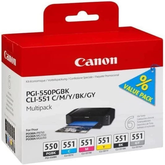 Canon PGI-550/CLI-551 Ink Set - 6 Original Ink Cartridges for PIXMA Printers, Includes PGBK, C, M, Y, BK, GY