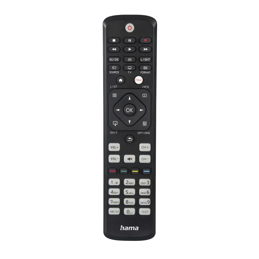 Hama universālā tālvadības pults Philips televizoriem (infrasarkanais, mācīšanās spēja, izgaismotās pogas, viedā poga, vieglais režīms, ergonomiskas galvenās pogas, 10m darbības attālums) melna