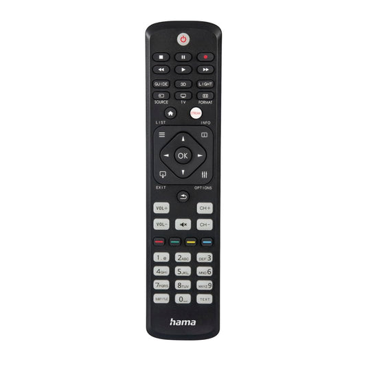 Hama universālā tālvadības pults Philips televizoriem (infrasarkanais, mācīšanās spēja, izgaismotās pogas, viedā poga, vieglais režīms, ergonomiskas galvenās pogas, 10m darbības attālums) melna