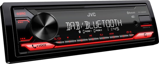 JVC KD-X282DBT USB automašīnas radio ar DAB+ & Bluetooth brīvroku sistēmu (USB, AUX-In, 1 x Pre-Out 2,5V, skaņas procesors, 4x50 W, sarkana taustiņu apgaismojums)