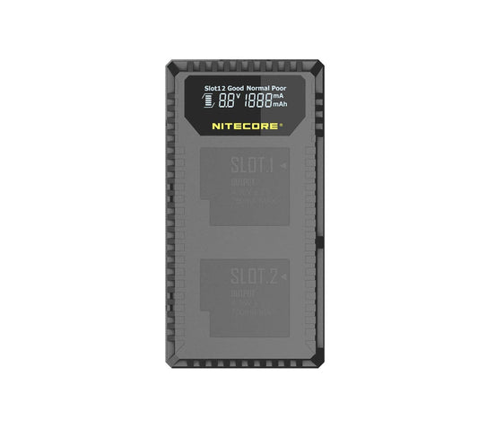 Nitecore UGP5 dual charger for GoPro Hero5/6/7 batteries - LED indicator, USB compatibility, compact design.