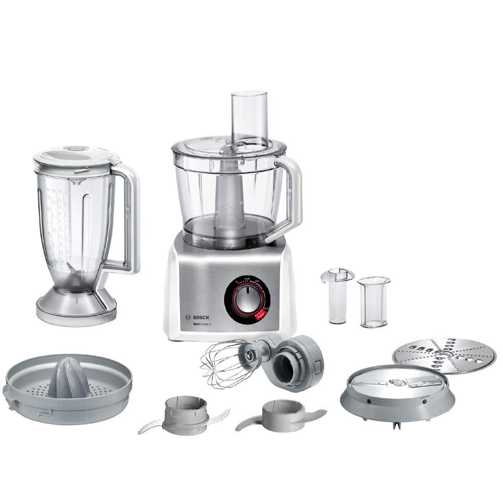 Bosch MultiTalent 8 - 1250W, 3.9L capacity, versatile attachments, white/stainless steel design.