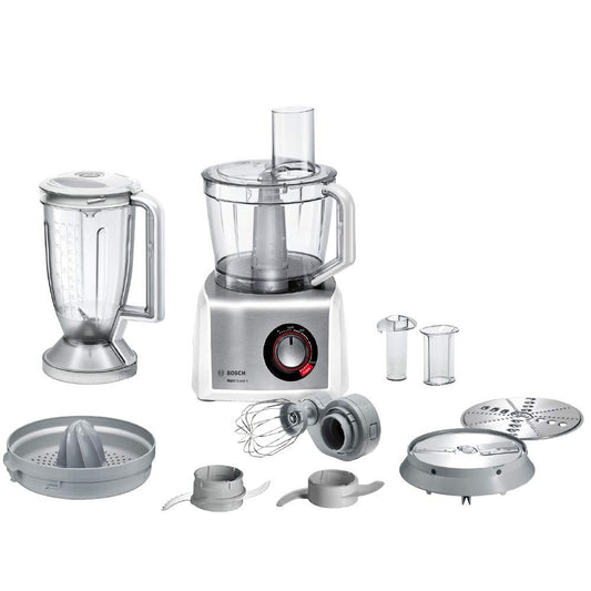 Bosch MultiTalent 8 - 1250W, 3.9L capacity, versatile attachments, white/stainless steel design.