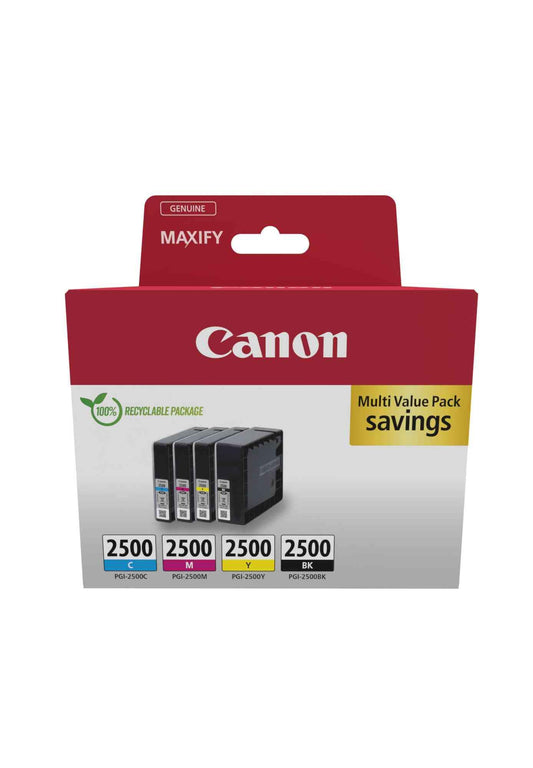 Canon PGI-2500 CMYK Ink Cartridge Set - Original, eco-friendly, recyclable packaging, includes black, cyan, magenta, yellow.