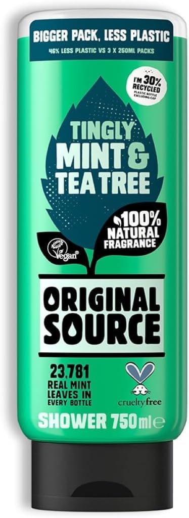 Original Source piparmētru dušas želeja 750 ml, atsvaidzinoša ar intensīvu piparmētru aromātu, vegāna formula ar dabīgu piparmētru ilgstošam svaigumam