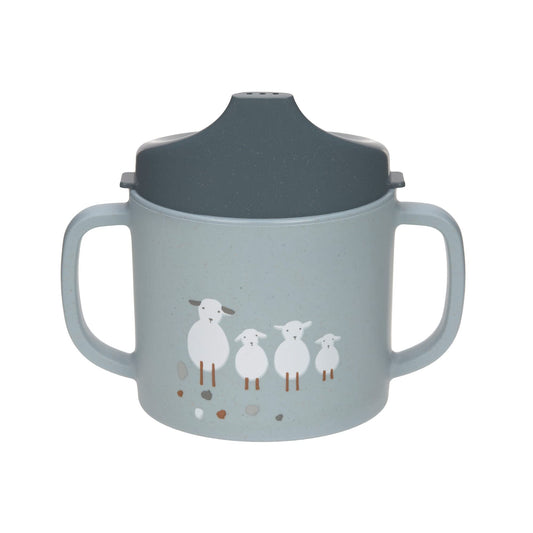 Bērnu mācību krūzīte ar rokturiem un noņemamu vāciņu LÄSSIG Tiny Farmer Sheep/Goose blue, 150 ml