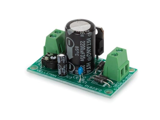 Velleman barošanas bloks 1,2V - kompakts, zaļš, izmērs 52x30x35mm, ideāls elektronikas projektiem.