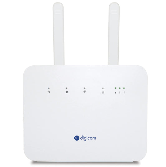 Digicom 4G+ LiteRoute Plus maršrutētājs 4.5G CAT6 300Mbps, Wi-Fi AC1200 divjoslu, 4 porti (3LAN - 1LAN/WAN) Gigabit, nav nepieciešama konfigurācija, balts