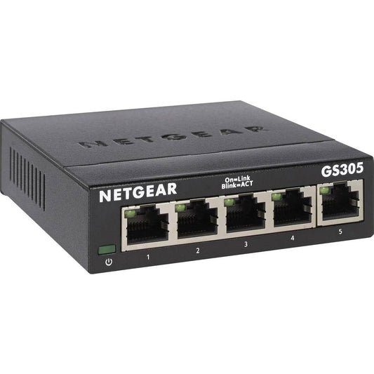 Tīkla komutators NETGEAR GS305, 5 porti, Gigabit Ethernet, gatavs lietošanai, LAN sadalītājs, bez ventilatora, izturīgs metāla korpuss, melns