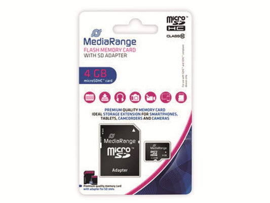 MediaRange micro SDHC atmiņas karte ar SD adapteri 4GB - ātruma klase 10, lasīšanas ātrums līdz 15 MB/s, ārējā datu uzglabāšana mobilajām ierīcēm, piemēram, digitālajām kamerām vai viedtālruņiem