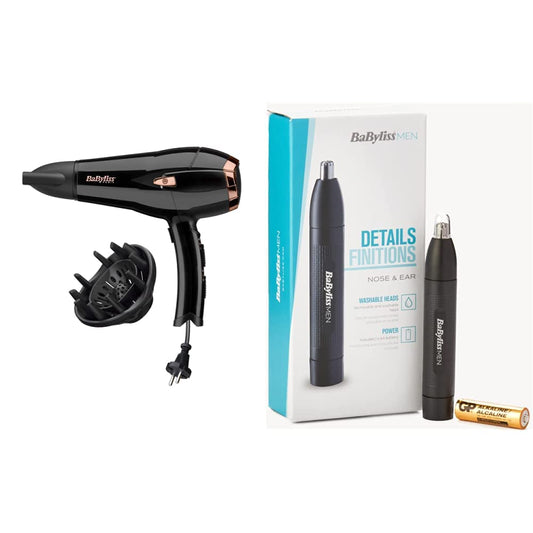 Babyliss Cordkeeper 2000 Ionic matu fēns D373E, unikāla kabeļa ievilkšanas funkcija rokturī, 2000 vati melns un MEN E650E deguna un auss matu trimmeris