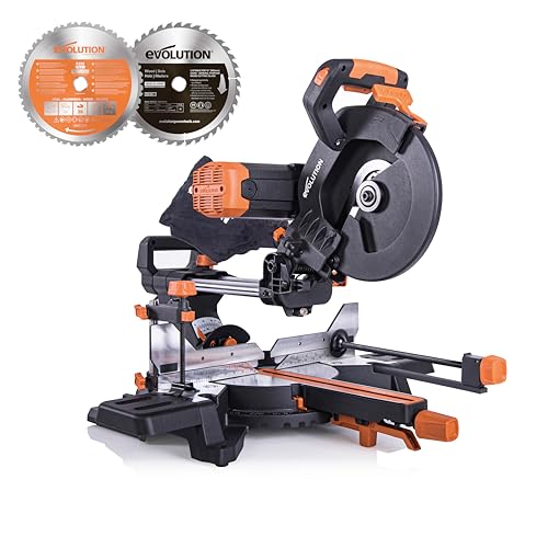 Evolution R255SMS-DB+ - 2000W sliding miter saw, 300mm cutting capacity, multi-material cutting, Ø 255mm HM/TCT blade.