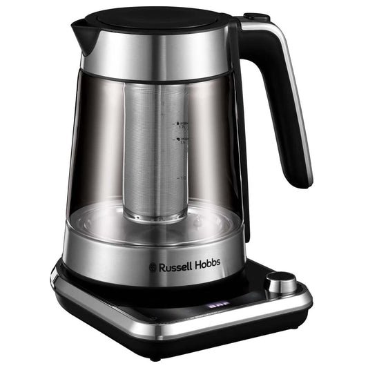 Russell Hobbs stikla tējkanna - temperatūras iestatījums 40-100°C, digitāls skārienpanelis, 2400W, 1,7l, siltuma uzturēšana.