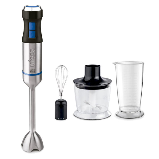 Ufesa BP4762 Vario 1450 Max rokas blenderis, jauda 1400 W, 20 ātrumi + Turbo, nerūsējošā tērauda korpuss un 4 asmeņi, ergonomisks un ūdensizturīgs dizains, ieskaitot piederumus, BPA bezmaksas